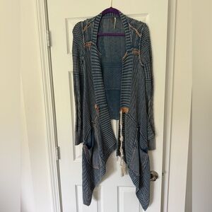 Free People Blue and Tan Asymmetrical Cardigan Sweater